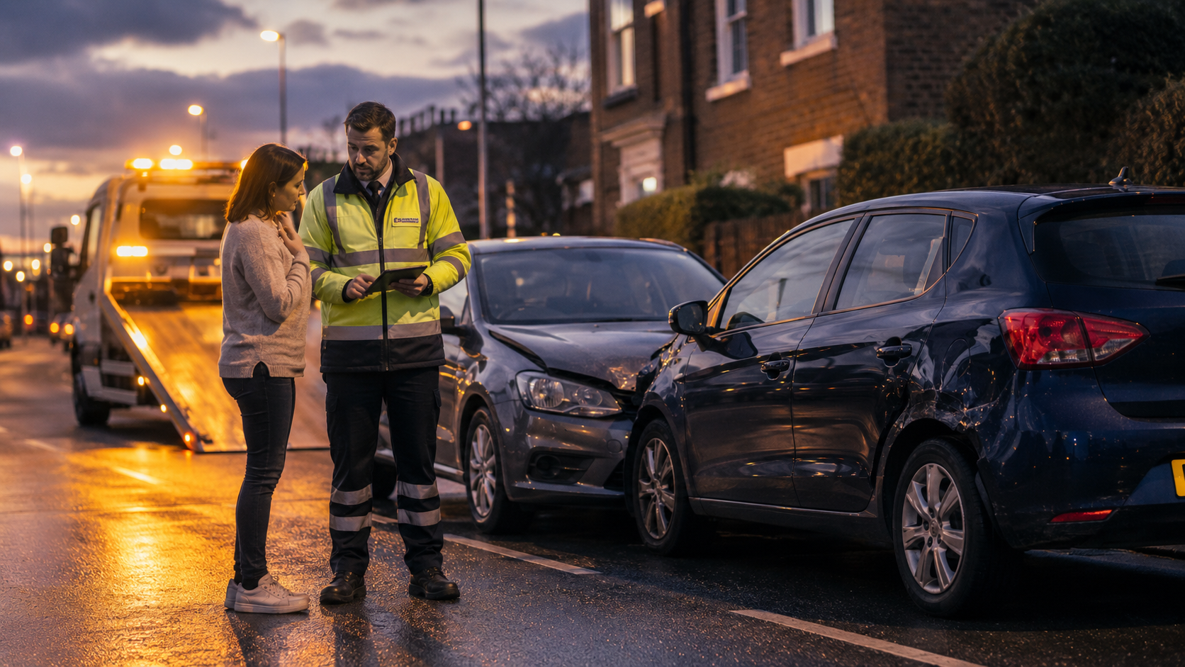 Accident Management Support: Northern Auto Assist representative supporting a driver beside two accident-damaged cars on a UK street