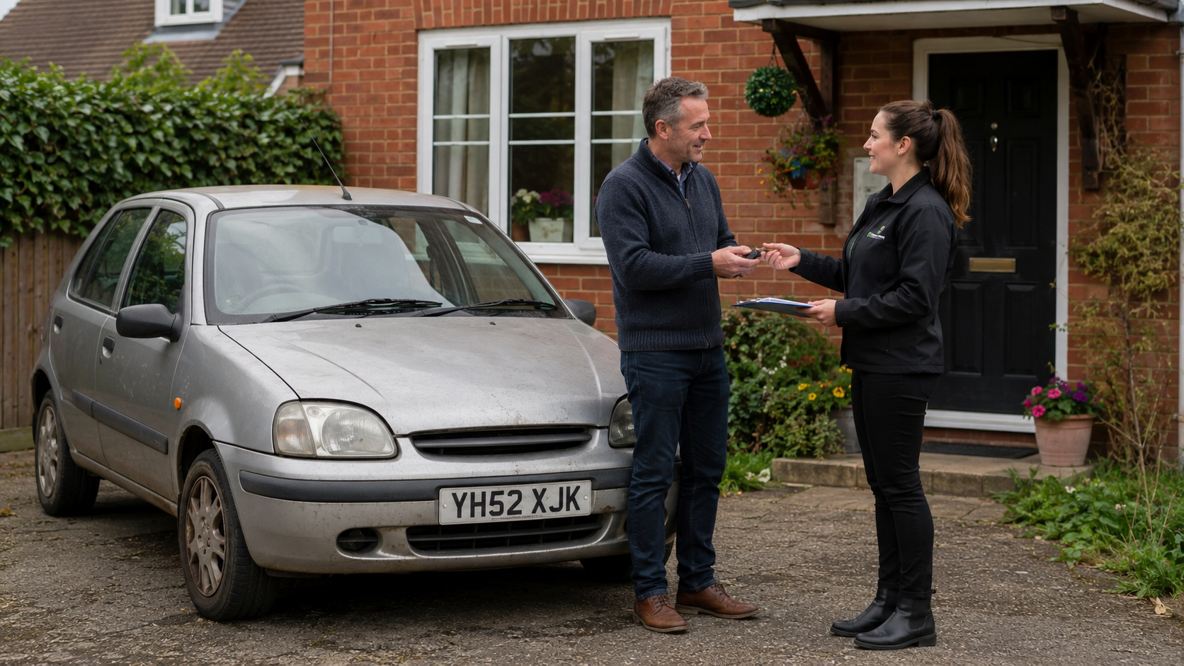 Sell Your Scrap Car: Vehicle owner handing over the keys to an unwanted older car on a residential driveway
