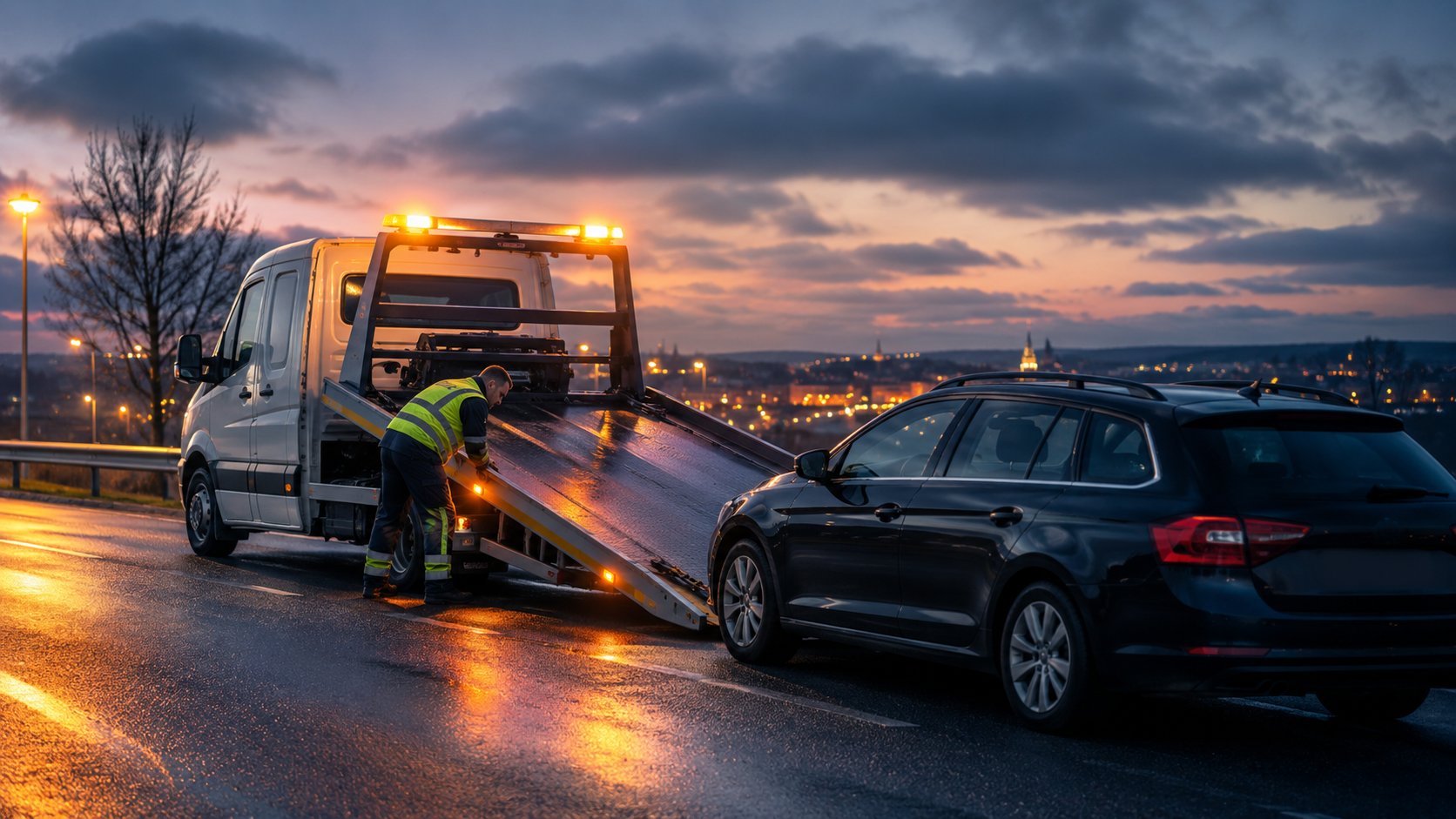 Northern Auto Assist recovery truck loading a broken-down car at dusk in West Yorkshire